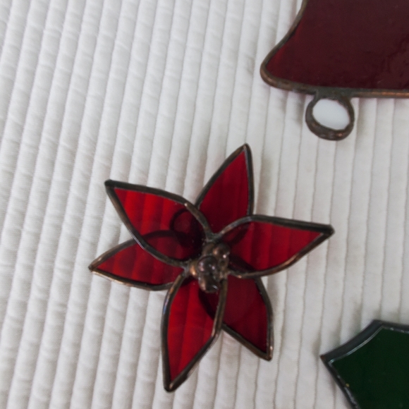 5 Handmade Clear Lead Stain Glass Christmas Ornaments Vintage Holly Bell Flower - Picture 5 of 6